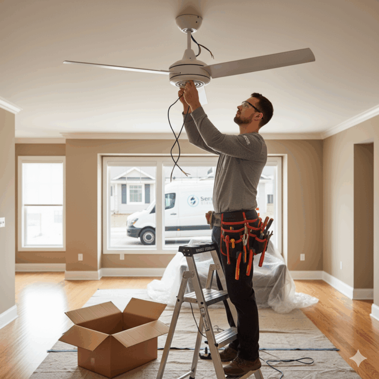 Electrician near Plantation FL installing ceiling fan